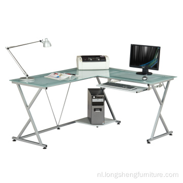 Wit-zwart L-vormig glazen bureau voor desktopcomputers